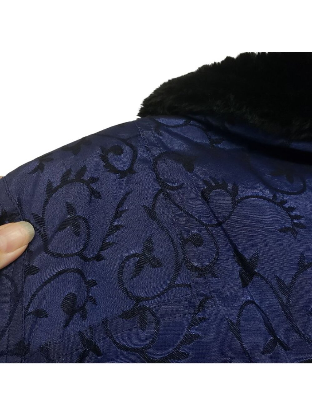 Vintage Nils Down Fill Ski Jacket Winter Coat Fur Trim Blue Jacquard Print Retro - Picture 15 of 16